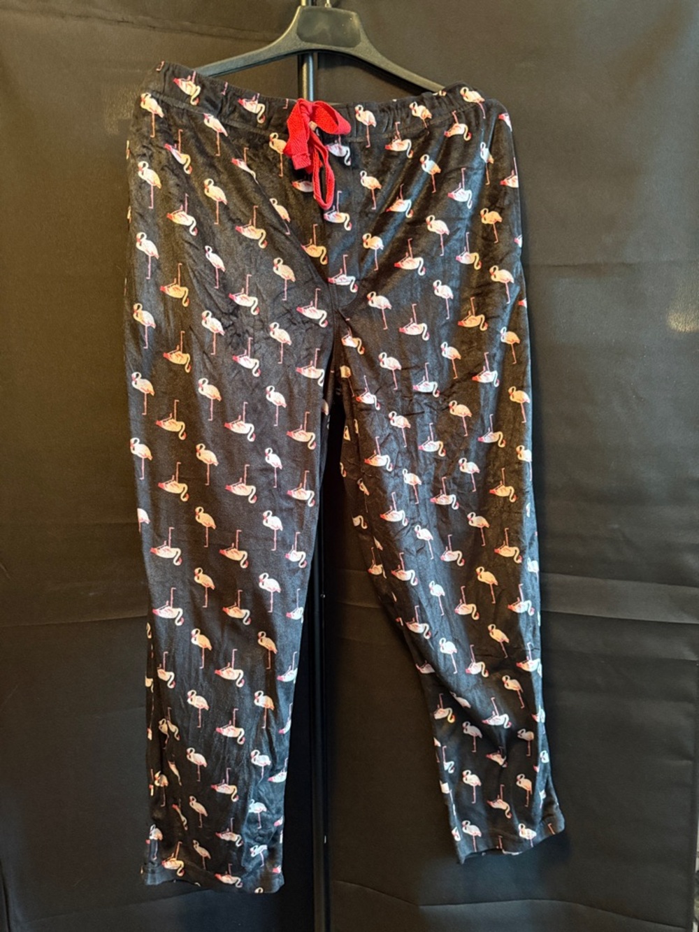 Mens Black Flamingo Print Lounge Pants with Red Drawstring